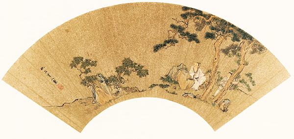 仇英扇面《抚琴听松图》横屏