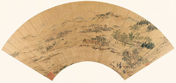 仇英扇面《春郊行旅图》横屏