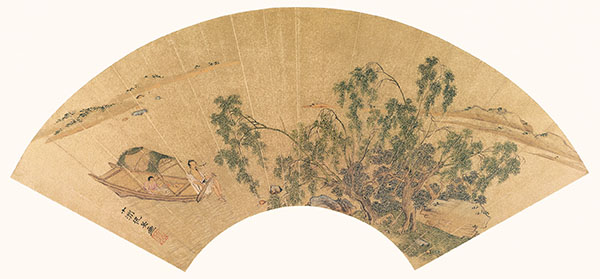 仇英扇面《书舫停桡图》横屏